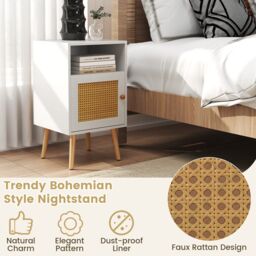Costway 2Pcs Rattan Nightstand Bedside Table PE Rattan Decorated Door in White - thumbnail 5