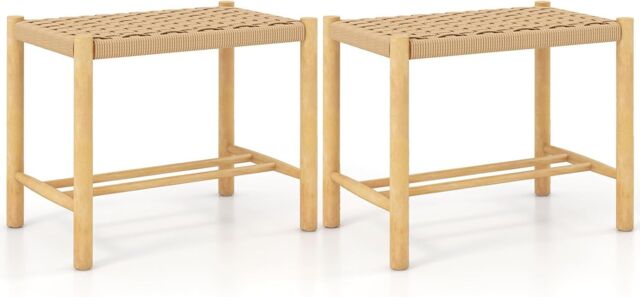 Gymax Dining Stool Set of 2 Cozy Saddle Seat Woven Paper Seat Rubber Wood in Natural - image 1