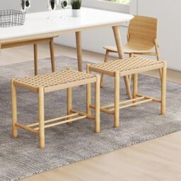 Gymax Dining Stool Set of 2 Cozy Saddle Seat Woven Paper Seat Rubber Wood in Natural - thumbnail 2