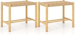 Gymax Dining Stool Set of 2 Cozy Saddle Seat Woven Paper Seat Rubber Wood in Natural - thumbnail 1