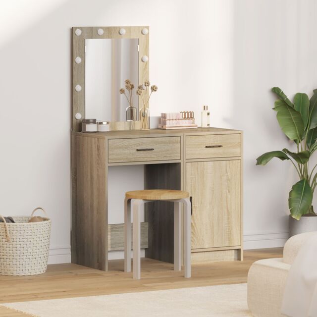 Berkfield Home 2-Piece Dressing Table Set with LED in Sonoma Oak Engineered Wood in Beige - image 1