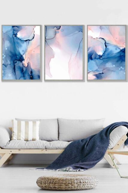 ARTZE Set of 3 Light Grey Framed Blush Pink & Navy Blue Abstract Ink Wall Art - Size: W33 cm x H45 cm x D20mm - image 1