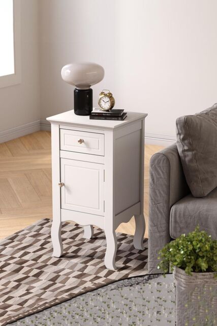 Living and Home Wooden Bedside Side Table Nightstand with Drawer in White - image 1