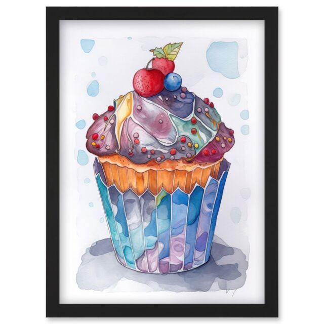 Artery8 Cupcake Icing With Fruit Folk Art Watercolour Painting Artwork Framed Wall Art Print A4 in Black - image 1