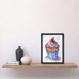 Artery8 Cupcake Icing With Fruit Folk Art Watercolour Painting Artwork Framed Wall Art Print A4 in Black - thumbnail 2