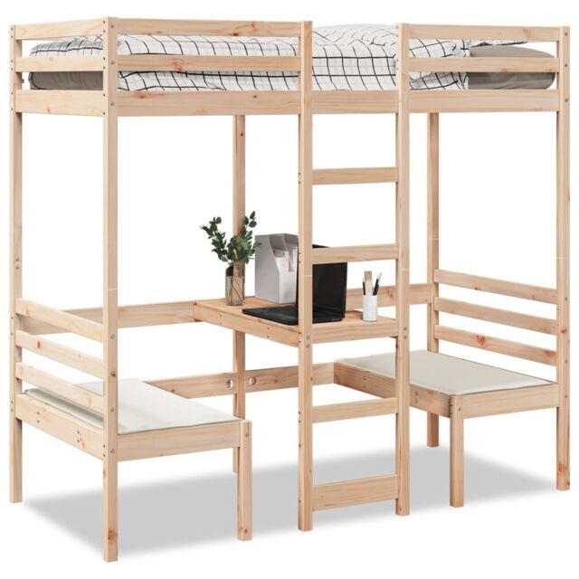Berkfield Home Loft Bed Frame with Desk & Chairs 80x200cm Solid Wood Pine in Brown - Size: 80x200 cm - image 1