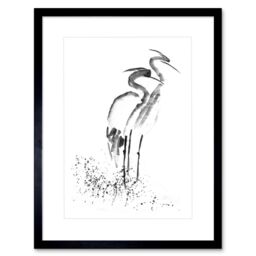 "Artery8 Wall Art Print Heron Ink Drawing Art Framed 9x7 inch in Black - Size: W7"" x H9""" - thumbnail 1