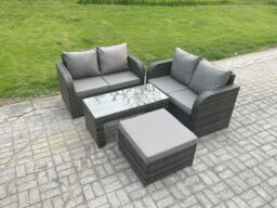 Fimous High Back Rattan Garden Furniture Set with Loveseat Sofa Coffee Table Footstool Outdoor Patio Lounge Sofa Set in Dark Grey - thumbnail 1