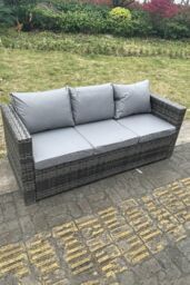 Fimous 3 Seater Rattan Lounge Sofa Patio Outdoor Garden Furniture With Seat & Back Cushion in Dark Grey - thumbnail 2