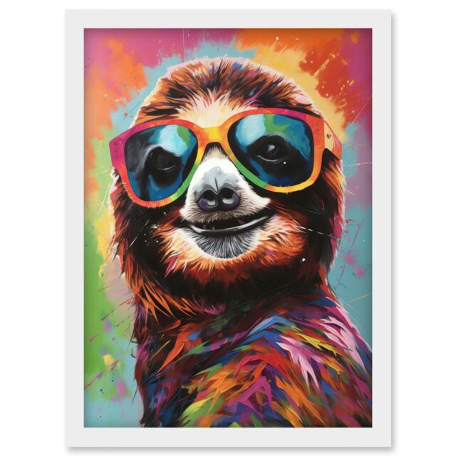 Artery8 Multicoloured Smiling Sloth Wearing Sunglasses Artwork Framed Wall Art Print A4 in White - image 1
