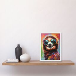 Artery8 Multicoloured Smiling Sloth Wearing Sunglasses Artwork Framed Wall Art Print A4 in White - thumbnail 2