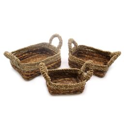 KDMD Banana Leaf & Seagrass Square Basket- Set of 3 in Beige - thumbnail 4