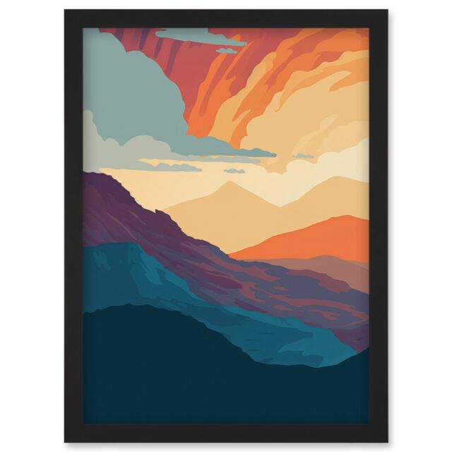 Artery8 Atmospheric Sunset Sky Serene Mountain Landscape Artwork Framed Wall Art Print A4 in Black - image 1