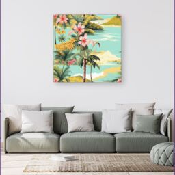 Warren Reed - Designer Palm Trees & Hibiscus Canvas in Green - Size: w40 inch x h40 inch - thumbnail 4