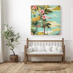 Warren Reed - Designer Palm Trees & Hibiscus Canvas in Green - Size: w40 inch x h40 inch - thumbnail 3