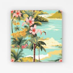 Warren Reed - Designer Palm Trees & Hibiscus Canvas in Green - Size: w40 inch x h40 inch - thumbnail 1