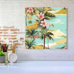 Warren Reed - Designer Palm Trees & Hibiscus Canvas in Green - Size: w40 inch x h40 inch - thumbnail 2