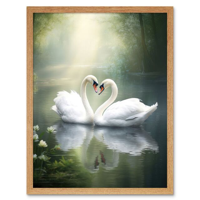 "Artery8 Wall Art Print Elegant Love Heart Swans Photo Misty Morning River Scene Love Romance Art Framed in Light Oak - Size: W12"" x H16""" - image 1