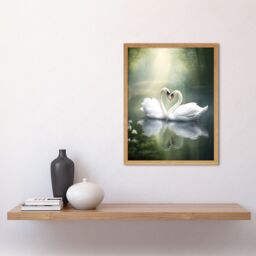 "Artery8 Wall Art Print Elegant Love Heart Swans Photo Misty Morning River Scene Love Romance Art Framed in Light Oak - Size: W12"" x H16""" - thumbnail 2