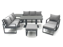 Fimous Outdoor Garden Furniture Set Aluminium Lounge Sofa Adjustable Rising Lifting Dining Table Sets with 2 Big Footstools Side Table Dark Grey - thumbnail 2