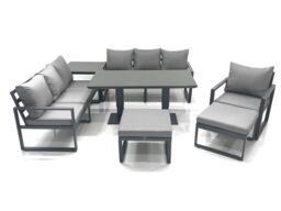 Fimous Outdoor Garden Furniture Set Aluminium Lounge Sofa Adjustable Rising Lifting Dining Table Sets with 2 Big Footstools Side Table Dark Grey - thumbnail 1