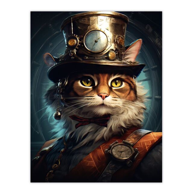 "Artery8 Top Hat Magic Cat Fun Steampunk Cat Explorer Artwork Unframed Wall Art Print Poster Home Decor Premium - Size: W12"" x H16""" - image 1