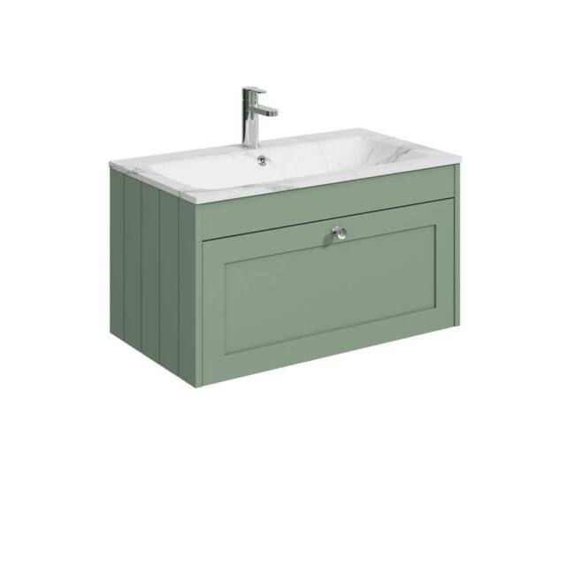 Balterley 800mm Wall Hung 1 Drawer Unit with Stone Basin 1 Tap Hole, Satin Green - image 1