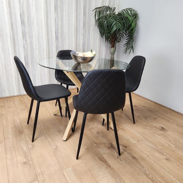KOSY KOALA Round Glass Dining Table Set With 4 Black Gem Pattern Chairs Dining Room Furniture in Clear - image 1