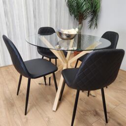 KOSY KOALA Round Glass Dining Table Set With 4 Black Gem Pattern Chairs Dining Room Furniture in Clear - thumbnail 2
