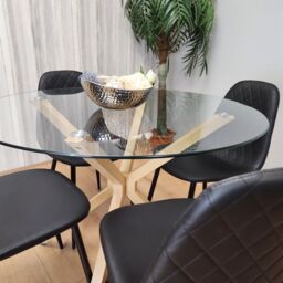 KOSY KOALA Round Glass Dining Table Set With 4 Black Gem Pattern Chairs Dining Room Furniture in Clear - thumbnail 3