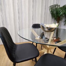 KOSY KOALA Round Glass Dining Table Set With 4 Black Gem Pattern Chairs Dining Room Furniture in Clear - thumbnail 8