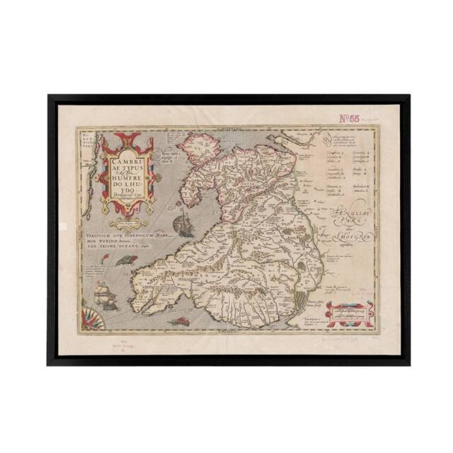 "Artery8 Hondius 1633 Wales Latin Early Map Framed Canvas Wall Art Print in Beige - Size: W12"" x H16""" - image 1