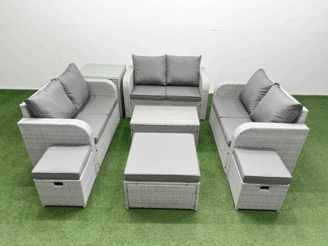 Fimous 9 Seater PE Wicker Rattan Furniture Sofa Sets with Rectangular Coffee Table 2 Seater Love Sofa 3 Stool Side Table Light Grey - image 1