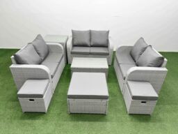 Fimous 9 Seater PE Wicker Rattan Furniture Sofa Sets with Rectangular Coffee Table 2 Seater Love Sofa 3 Stool Side Table Light Grey - thumbnail 1