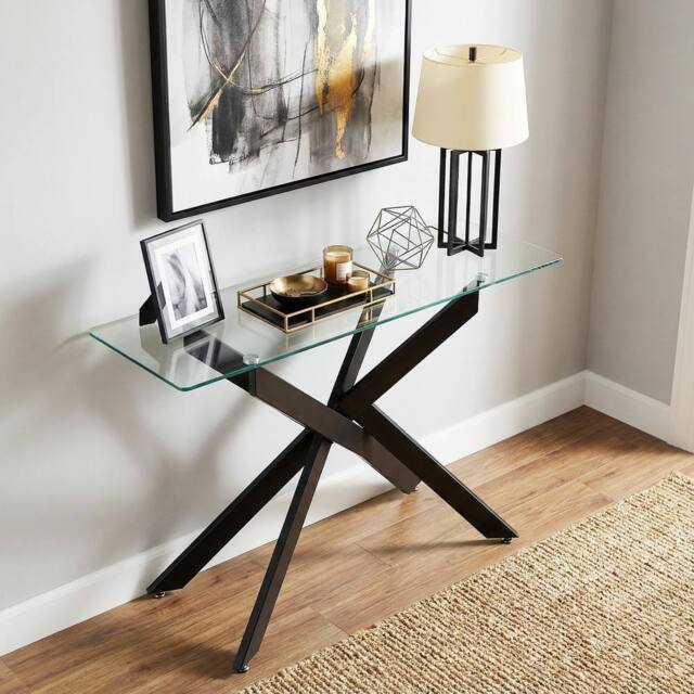 Costway Glass Console Table 115CM Entryway Table w/ Clear Tempered Glass Top in Black - image 1