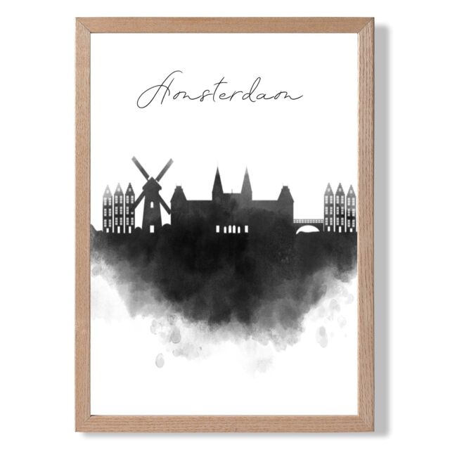 ARTZE Amsterdam Watercolour Skyline City Framed Print SIZE: A4 with Oak Frame in Black - image 1