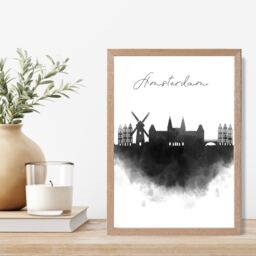 ARTZE Amsterdam Watercolour Skyline City Framed Print SIZE: A4 with Oak Frame in Black - thumbnail 2