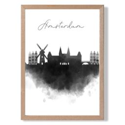 ARTZE Amsterdam Watercolour Skyline City Framed Print SIZE: A4 with Oak Frame in Black - thumbnail 1