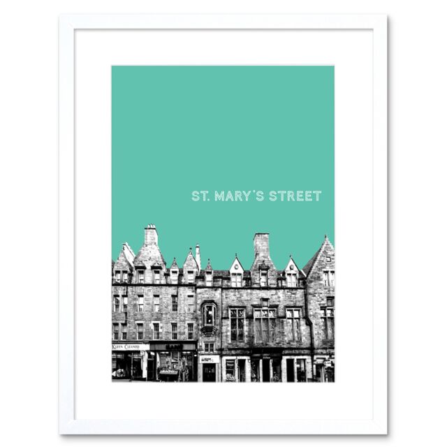 "Artery8 Wall Art Print St Mary Street Edinburgh Scotland Landmark Teal Framed Art in White - Size: W7"" x H9""" - image 1
