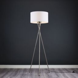 ValueLights Camden Brushed Chrome Tripod Floor Lamp with White Drum Lamp Shade - thumbnail 3