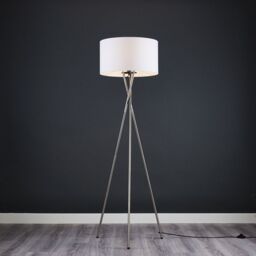 ValueLights Camden Brushed Chrome Tripod Floor Lamp with White Drum Lamp Shade