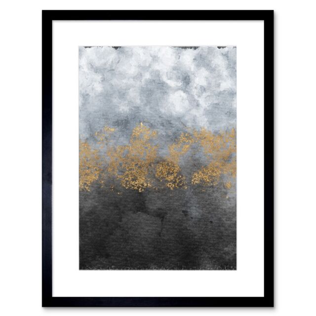 "Artery8 Wall Art Print Abstract Grey Gold Watercolour Art Framed 9x7 inch in Black - Size: W7"" x H9""" - image 1