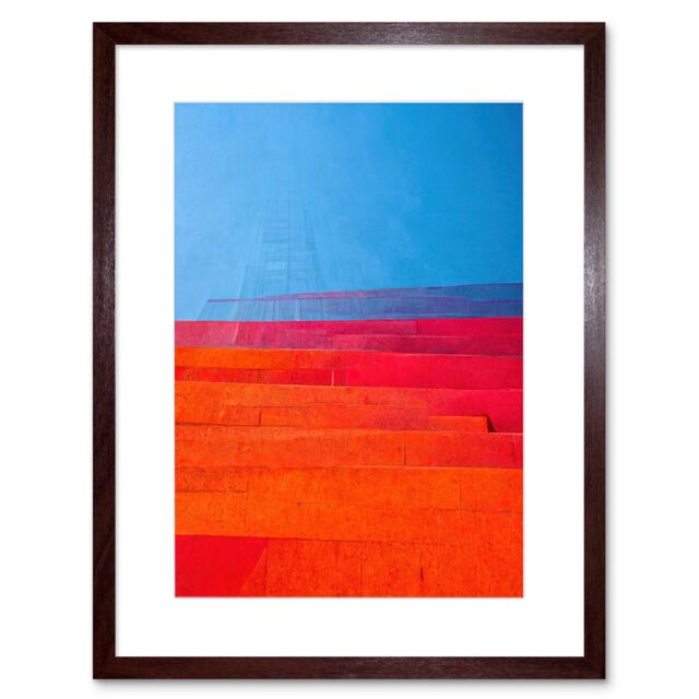 "Artery8 Wall Art Print Abstract Minimalist Steps Painting Blue Purple Pink Orange Red Artwork Framed 9X7 Inch in Brown - Size: W7"" x H9""" - image 1