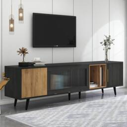 ModernLuxe Modern TV cabinet with pull-down glass doors & storage in Grey - thumbnail 2