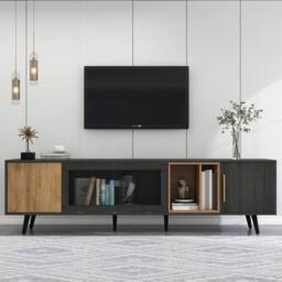 ModernLuxe Modern TV cabinet with pull-down glass doors & storage in Grey - thumbnail 1