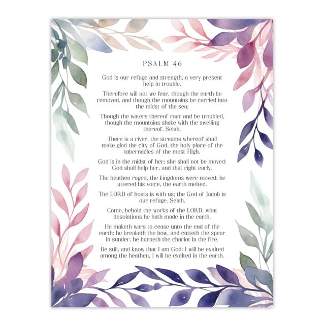 "Artery8 Wall Art Print Psalm 46 Our Refuge & Strength Old Testament Bible Quote Poster in Purple - Size: W24"" x H32""" - image 1