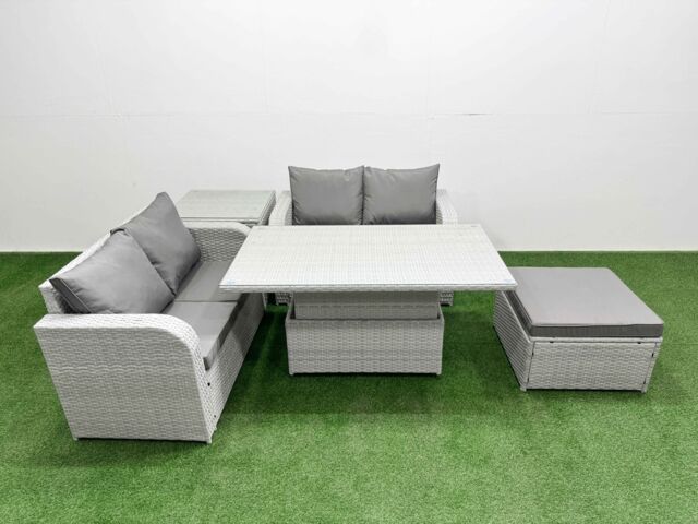 Fimous 5 Seater Outdoor Love Sofa Set Rattan Garden Furniture Set with Adjustable Lifting Dining or Coffee Table Big Footstool Side Table Light Grey - image 1