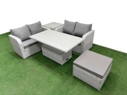 Fimous 5 Seater Outdoor Love Sofa Set Rattan Garden Furniture Set with Adjustable Lifting Dining or Coffee Table Big Footstool Side Table Light Grey - thumbnail 2