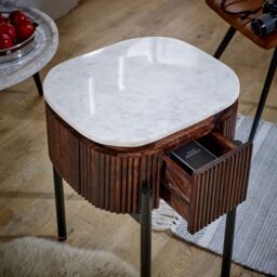 Indian Hub Opal Bedside Table with Marble Top & Metal Legs - - L40 x W45 x H60 cm in Brown - thumbnail 6