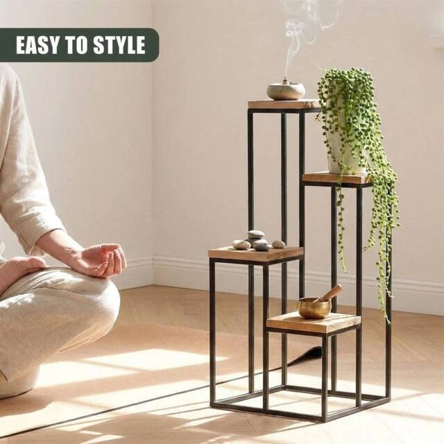 EONLION 4 Tier Plant Stand Metal Wood Modern Flower Pot in Brown - image 1